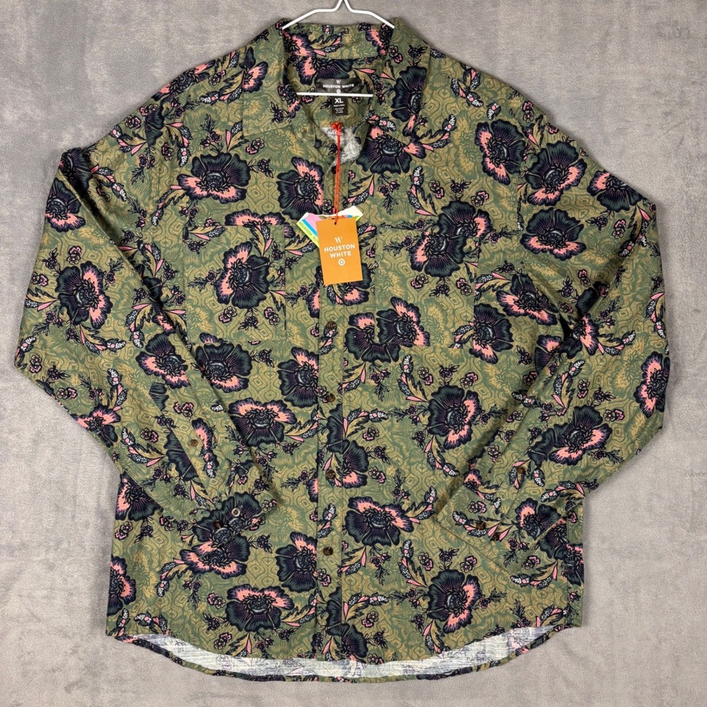 Houston White Target Mens XL Floral Cotton Button Down Shirt Green Long Sleeve